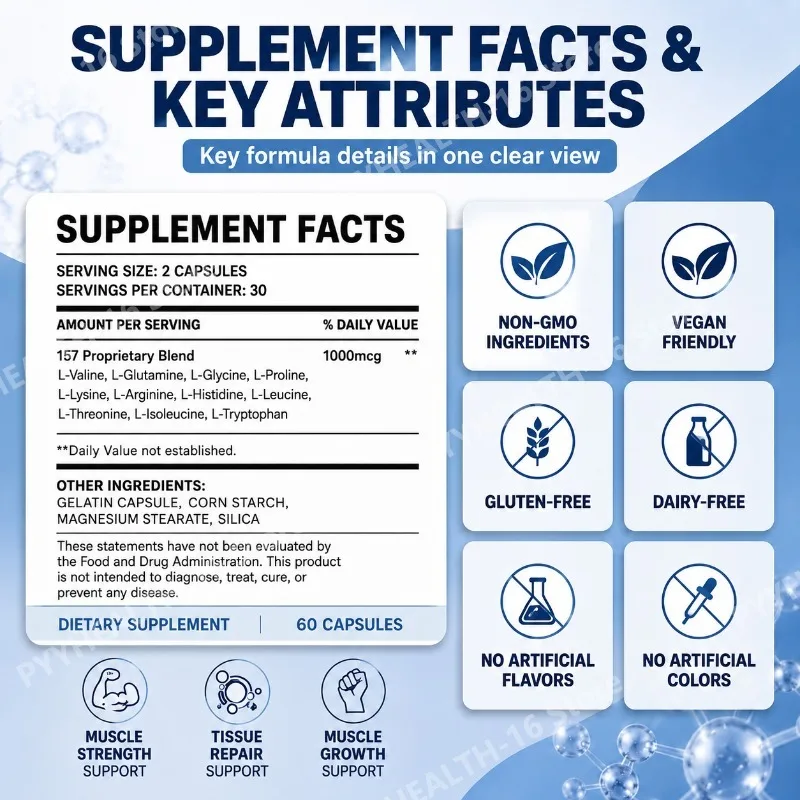 157 Recovery Complex Capsules with L-Valine and L-Glutamine for Recovery Support Muscle Growth Amino Blend 1000 Mcg 60 Capsules