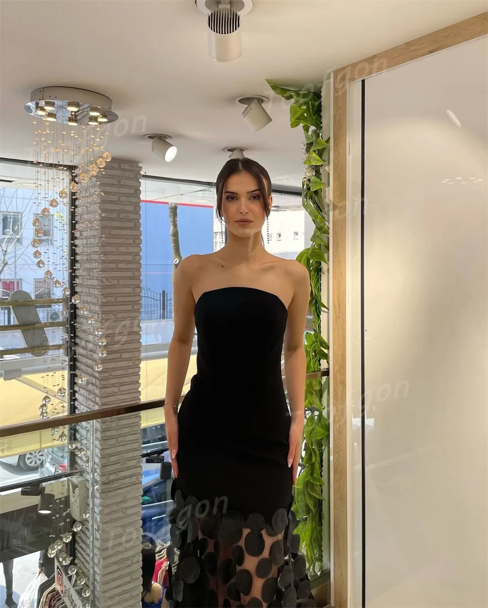 Toofgon Strapless Black Mermaid Long Evening Dresses Customized 3D Lace Skrit Special Occasion Formal Party Dress Prom Gowns