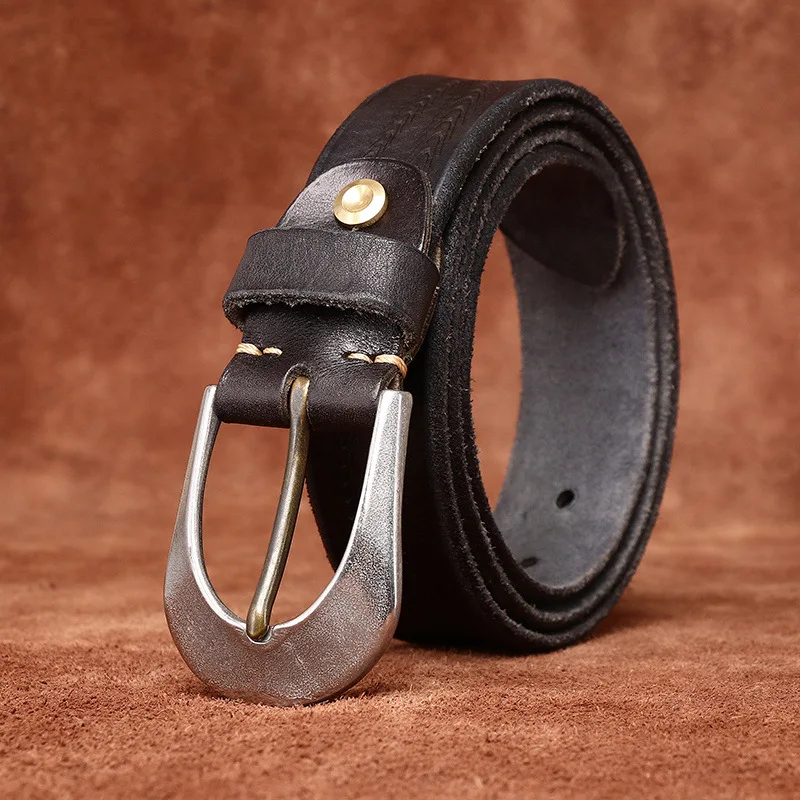 3.8cm Men's Retro Simple Casual Plant Tanned Leather Head Layer Cowhhide Embossed Waist Belt Steel Buckle Belt Black Color