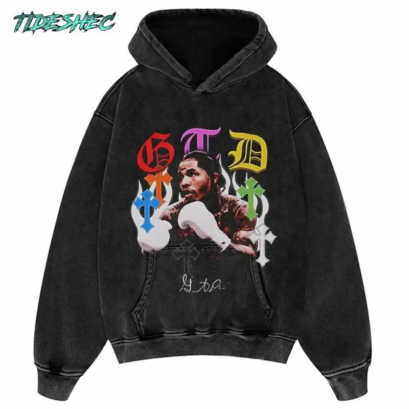 420GSM Vintage Black Hoodie Hip Hop Letter Boxer Graph Print Hooded Sweatshirt Streetwear 2024 Men Punk Pullover