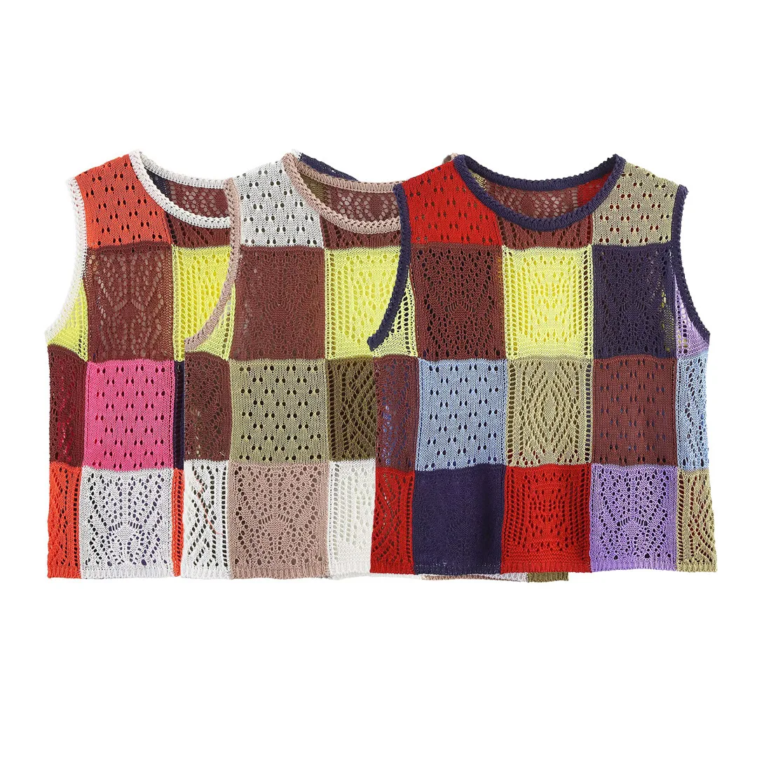 

Plaid Knitted Vest Women Vintage Hollow Out Round Neck Thin New Women Color Blocked Knitted Vest O Neck Sleeveless Crop Top