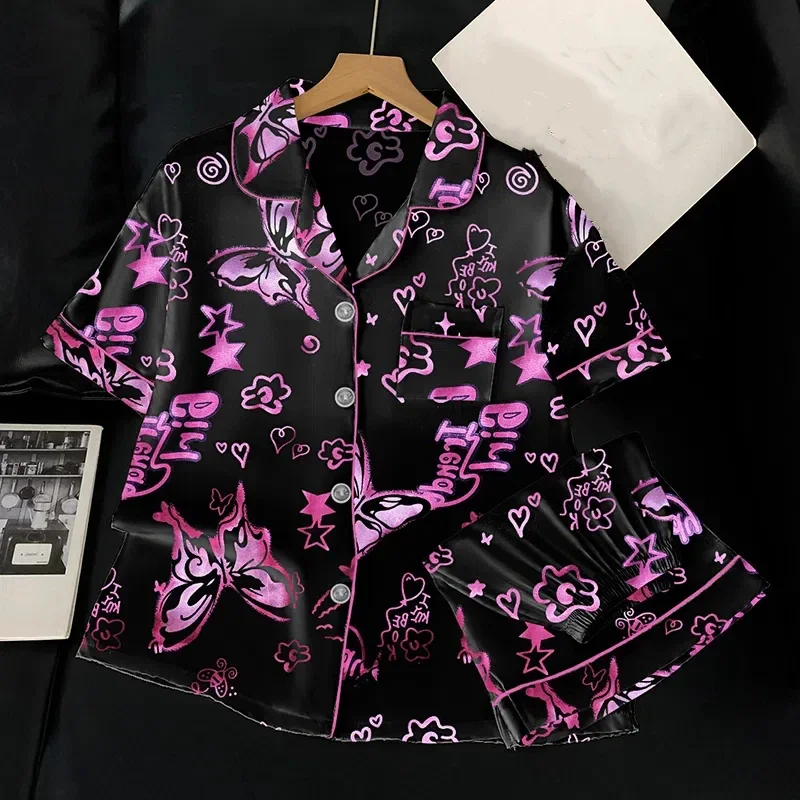 2 Piece Set Women's Elegant Pajamas Set Graffiti Design Bow Tie Love Print Homewear Button Short Women's Sleep Pajamas Summer