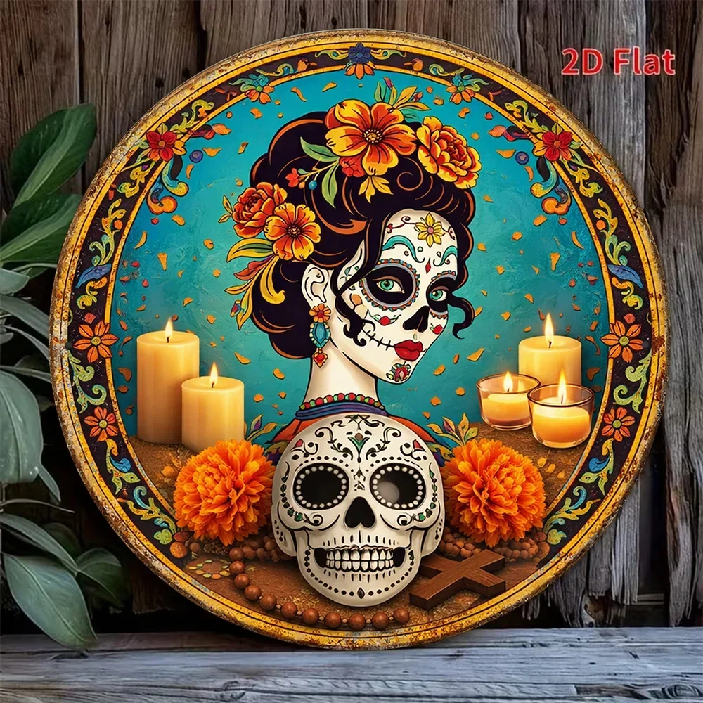 Plaque en bois circulaire plate 2D, plaque en bois rétro liée à la « Journée des morts - Crâne en sucre », décoration mexicaine pour la Journée des morts
