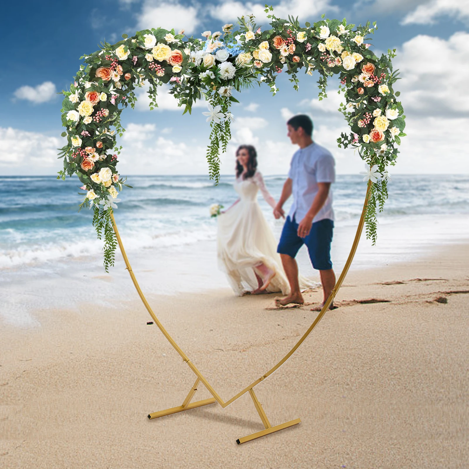 

Bymaocar 2.1m Wedding Arch Stand Backdrop Gold Frame Flower Balloon Stand Party Heart Shaped Metal Stand Decor