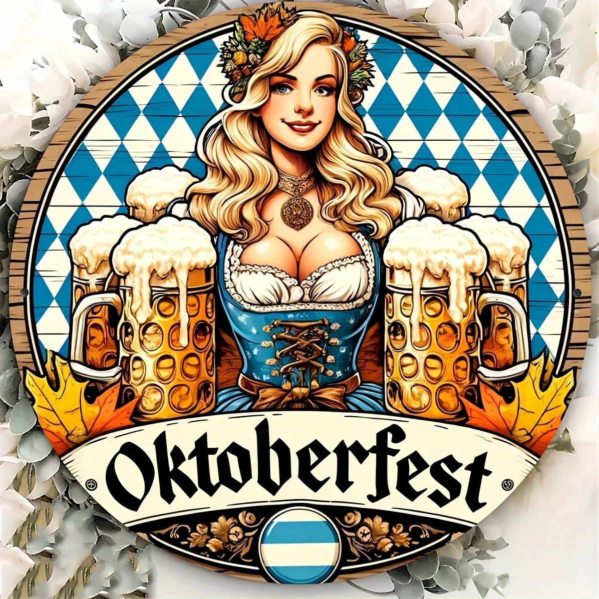Vintage Oktoberfest Bavarian Beer Girl Round Tin Sign, Retro Oktoberfest German Beer Festival Dirndl Maiden Metal Wall Art, Rust