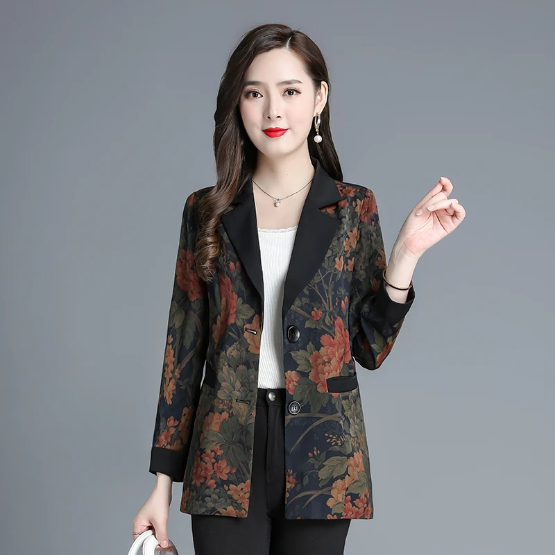 Vintage Printed Spliced Pockets All-match Blazer Women Clothing  Spring and Autumn Casual Tops Loose Office Lady Blazers