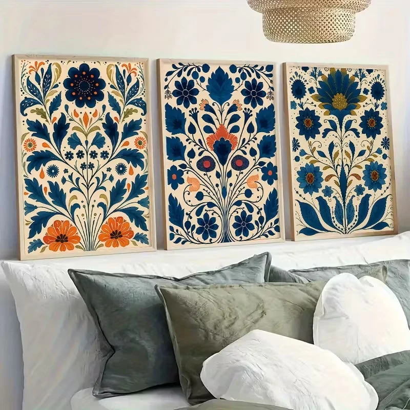 

3pcs Bohemian Floral Canvas Poster Picture Wall Art, Modern and Retro Living Room, Bedroom, Dining Room and Home Decoration