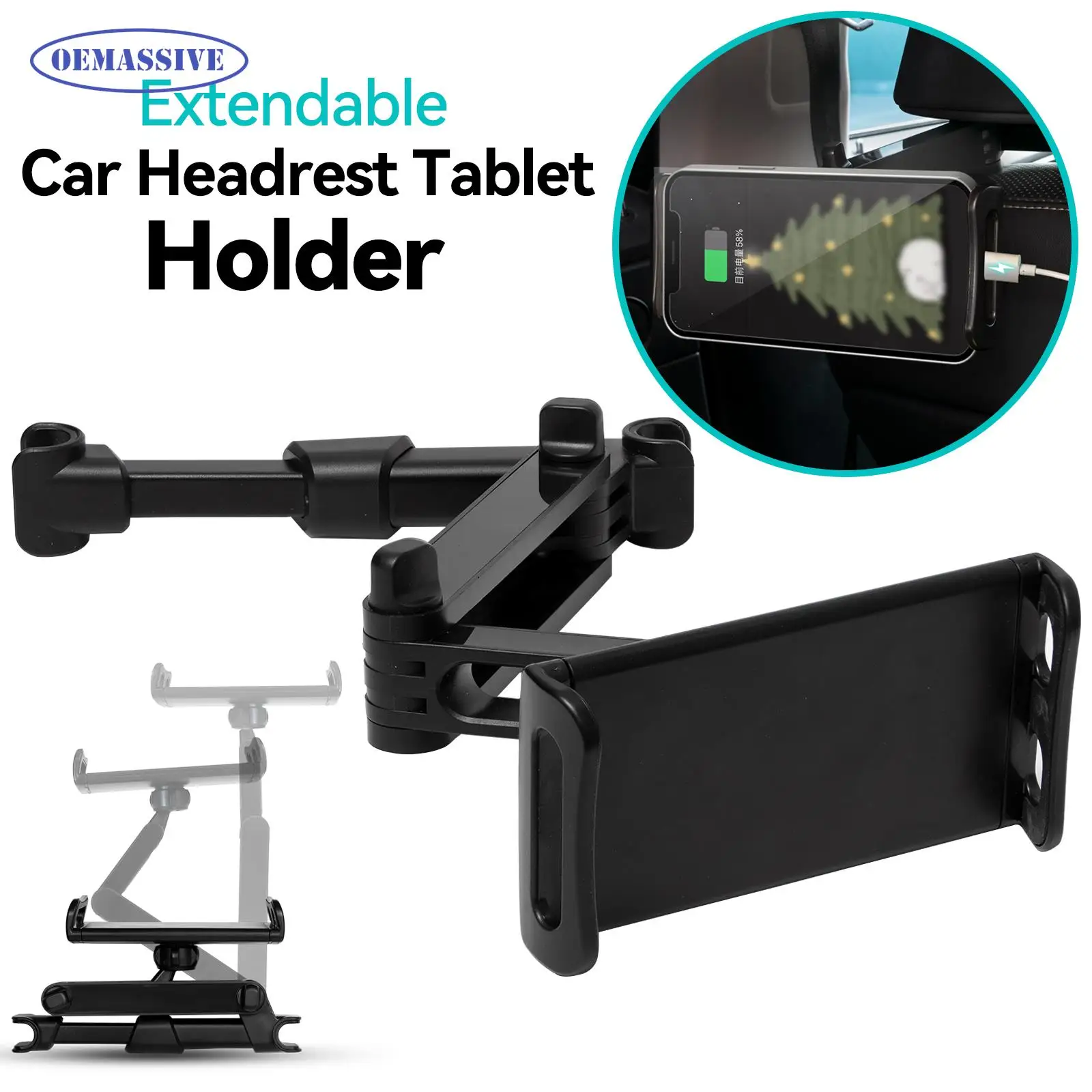 OEMASSIVE Car Headrest Tablet Holder Backseat Phone Mount Adjustable Stretchable 360-Degree Phone Holder Stand For 5-10.5 Inch