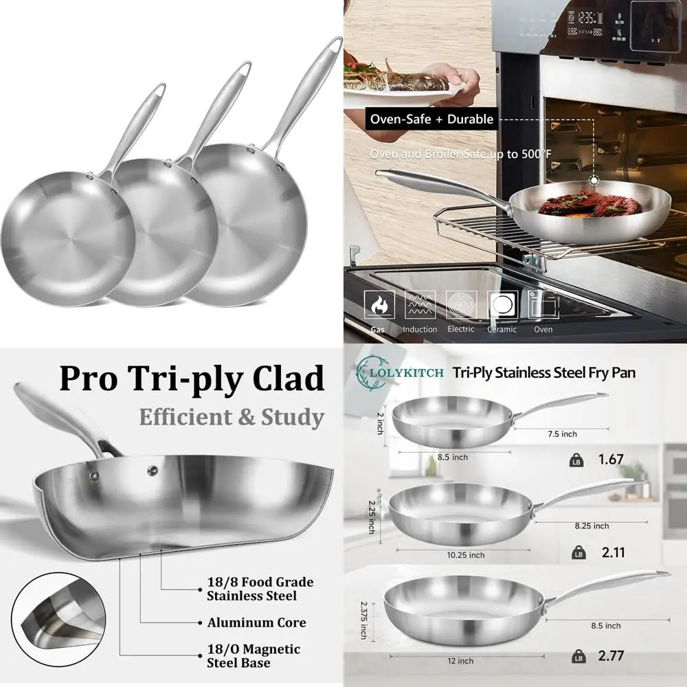 

Tri-ply Stainless Steel Frying Pans Set, 8.5-10-12 Inch, Skillets, Induction Compatible Cookware, Oven and Dishwasher Safe, Set