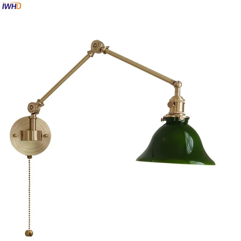 

IWHD Left And Right Rotate Copper Wall Lamp Beisde Swing Long Arm Green White Lampshade Nordic Modern Wandlamp Lighting