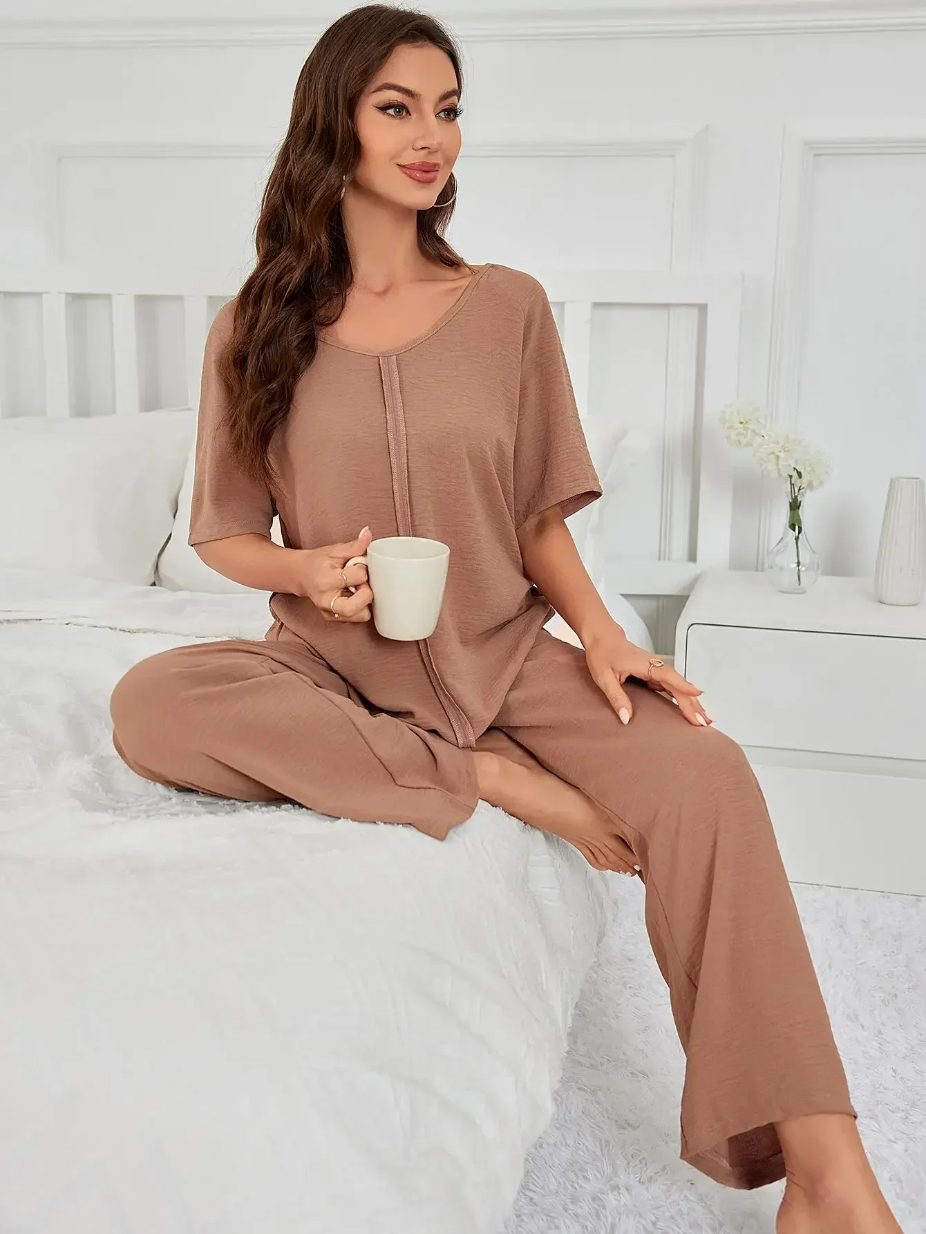 Solid V Neck Women Pajama Sets Short Sleeves Top & Full-Length Pants Female 2 Pieces Sleepwear Nightwear Homwear Clothing