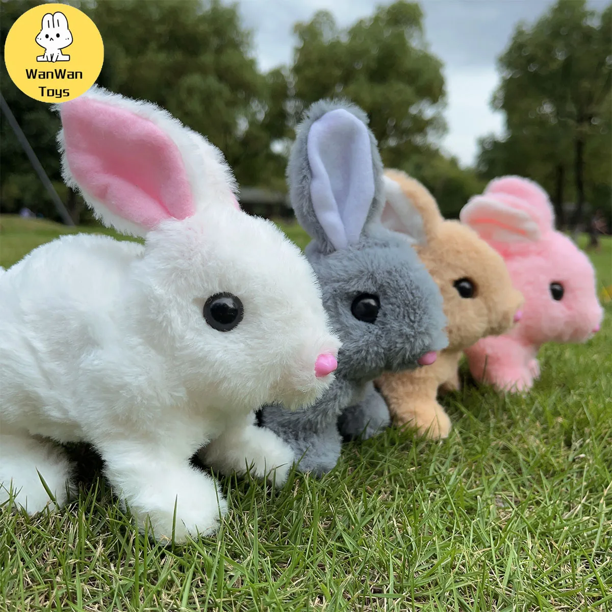 Piccolo giocattolo elettrico in peluche a pelo piatto per bambini con coniglio a pelo lungo in tinta unita dagli occhi neri