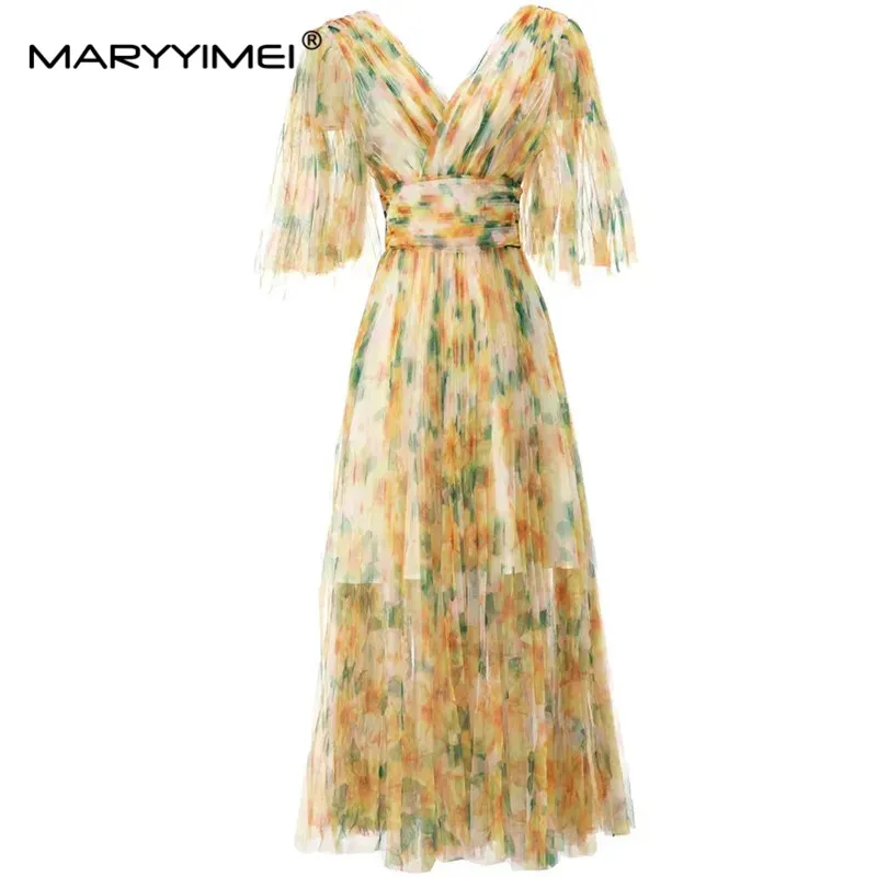 

MARYYIMEI Fashion Runway dress Summer Woman's Dress Deep V-Neck Flare Sleeve Elastic Waist Printing Elegance Party Dresses