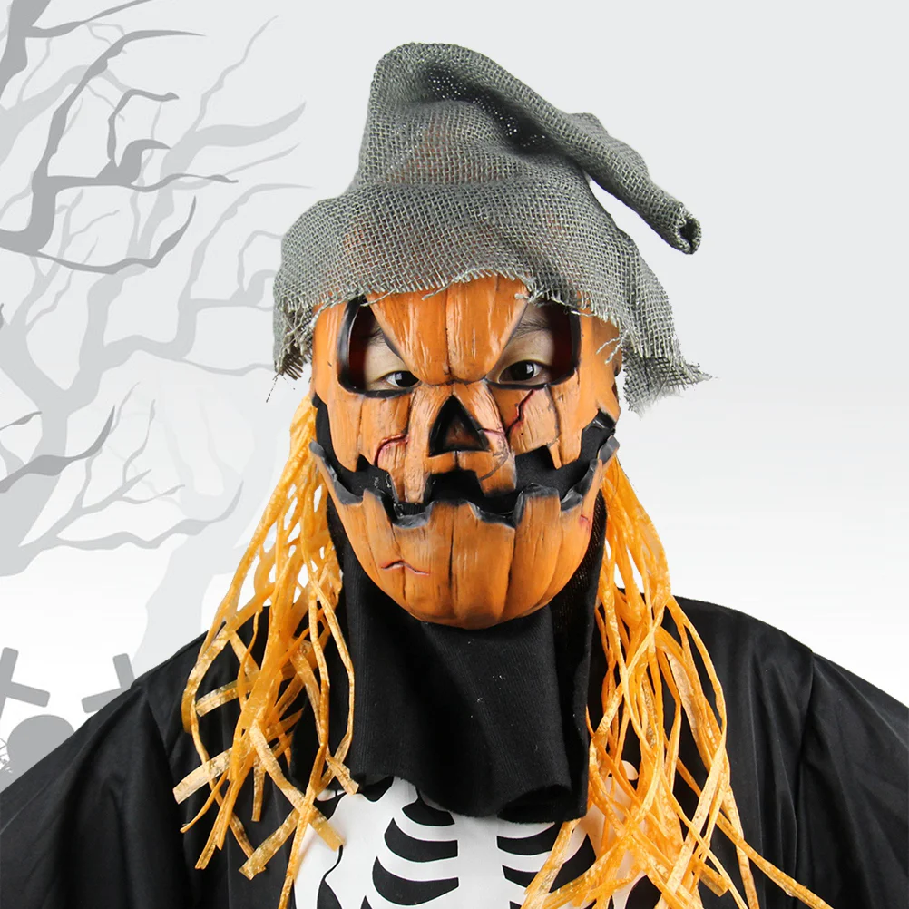 Creepy Novelty Halloween Costume Party Props Pumpkin Scarecrow Head with Hat (Orange) pumpkin halloween