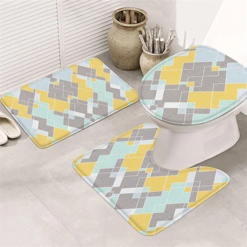 3pcs Geometric Design Bathroom Set U Type Lid Cover Absorbent Flannel Mat Non Slip Floor Covering