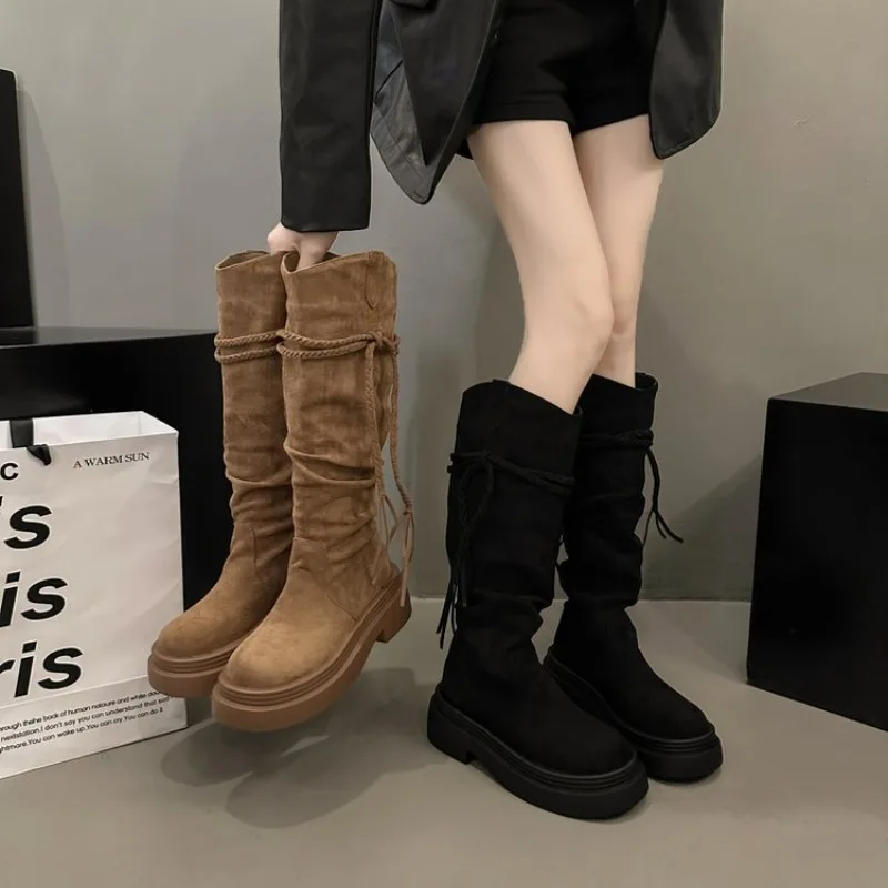 

Fashionable Thick-soled Maillard Fringed Long Boots for Women 2026 Spring and Autumn, Retro V-neck Slimming High Boots for Women