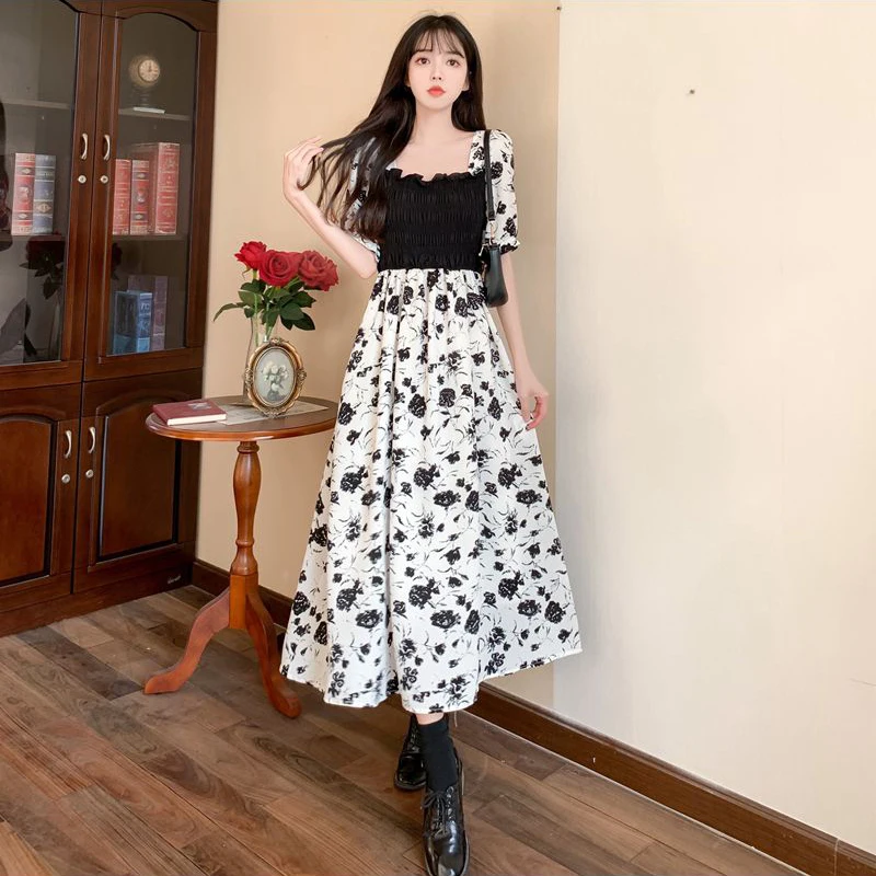 Korean Solid Patchwork Print Women Midi Dress Summer New Square Collar Folds Female Dress Fashion All Match Ladies Vestidos