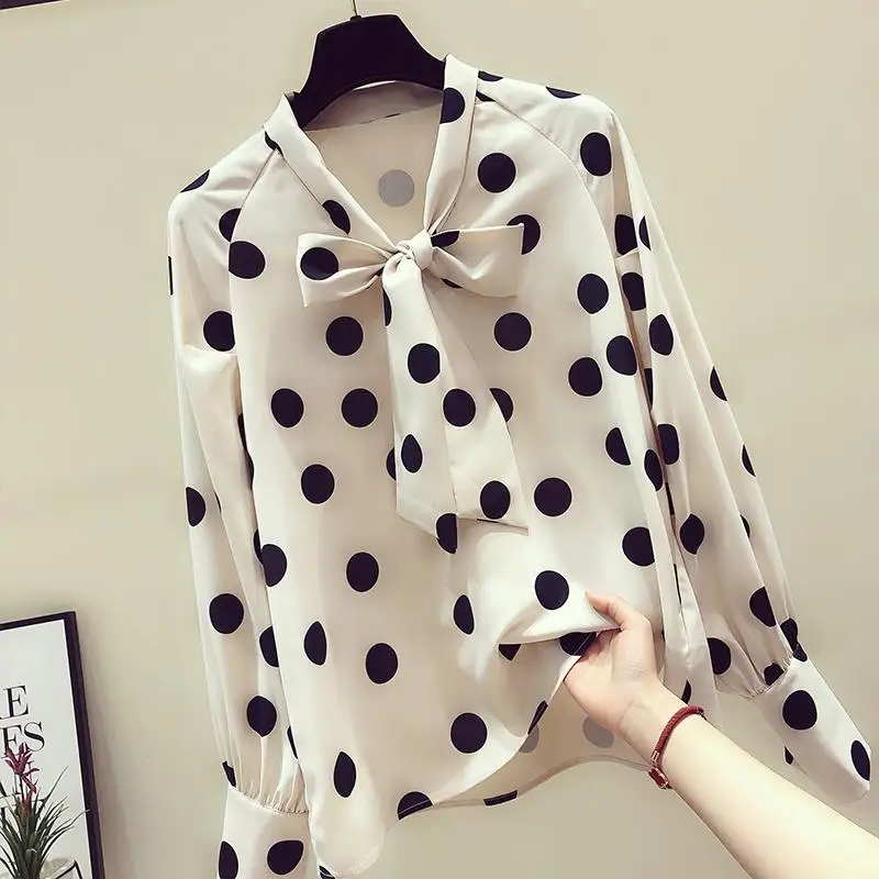 Blouse Women Polka Dot Chiffon Shirt Women\'s Spring  Autumn Retro Girl Long Sleeve Loose Top Blusas Mujer De Moda