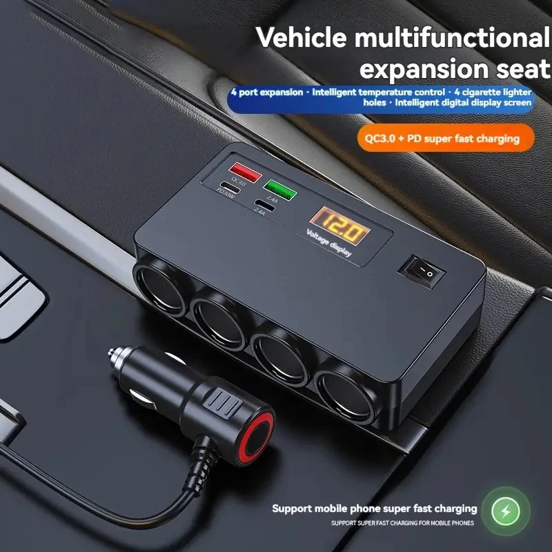 

Умное автомобильное зарядное устройство 8-в-1 с 4 автомобильными розетками, 2 портами USB, 2 портами зарядки USB-C, оснащенным светодиодным дисплеем напряжения