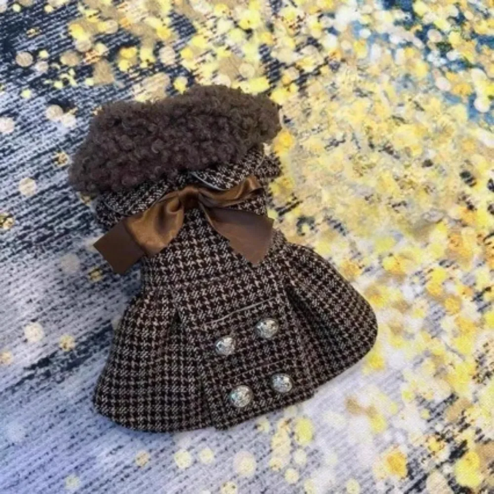 Pet Autumn/Winter Checkered Princess Dress Teddy Cat Woolen Coat Cute Tank Top Skirt Dog Clothes for Small Dogs Puppy Clothes