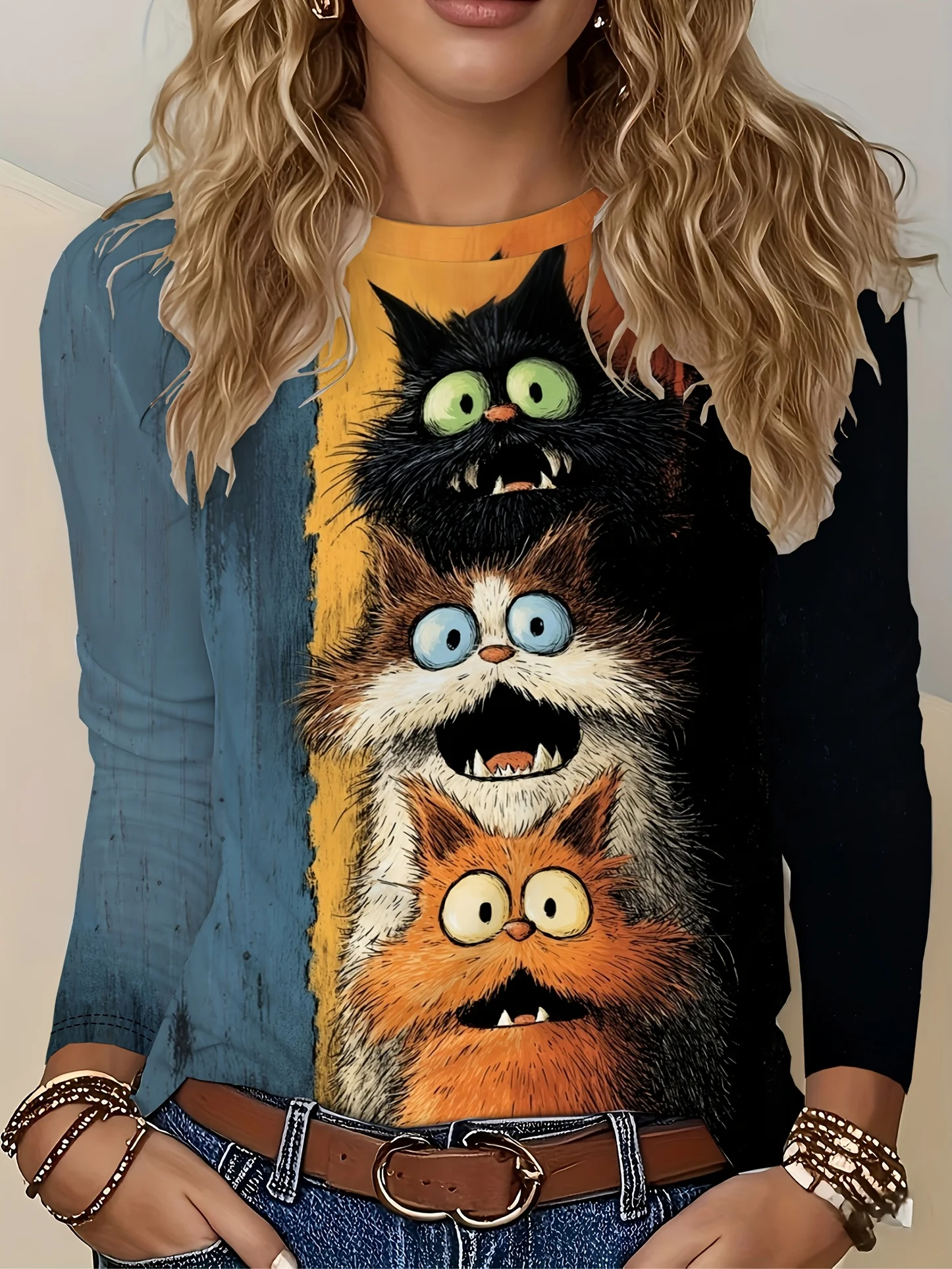 Women T‑Shirt Long Sleeve 3D Funny Scary Cat Stack Print Tees Casual Street Female Wear Daily O‑Neck Fashion Top Women's Clothes