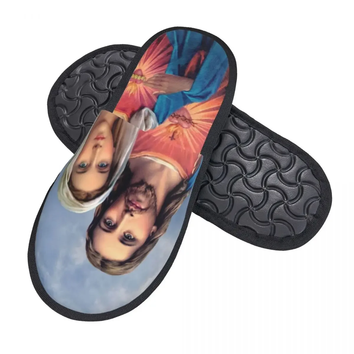 Custom Sacred And Immaculate Hearts Memory Foam House Slippers Women Catholic and Mary Cozy Warm Anti-skid Sole Slipper