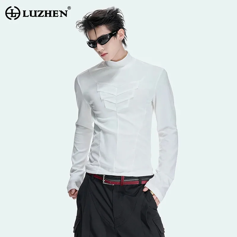 LUZHEN 2026 New Fashion Solid Color Patchwork Design Slim Fit Long Sleeve T-shirt Men's Handsome High Quality Cotton Tops JY8194