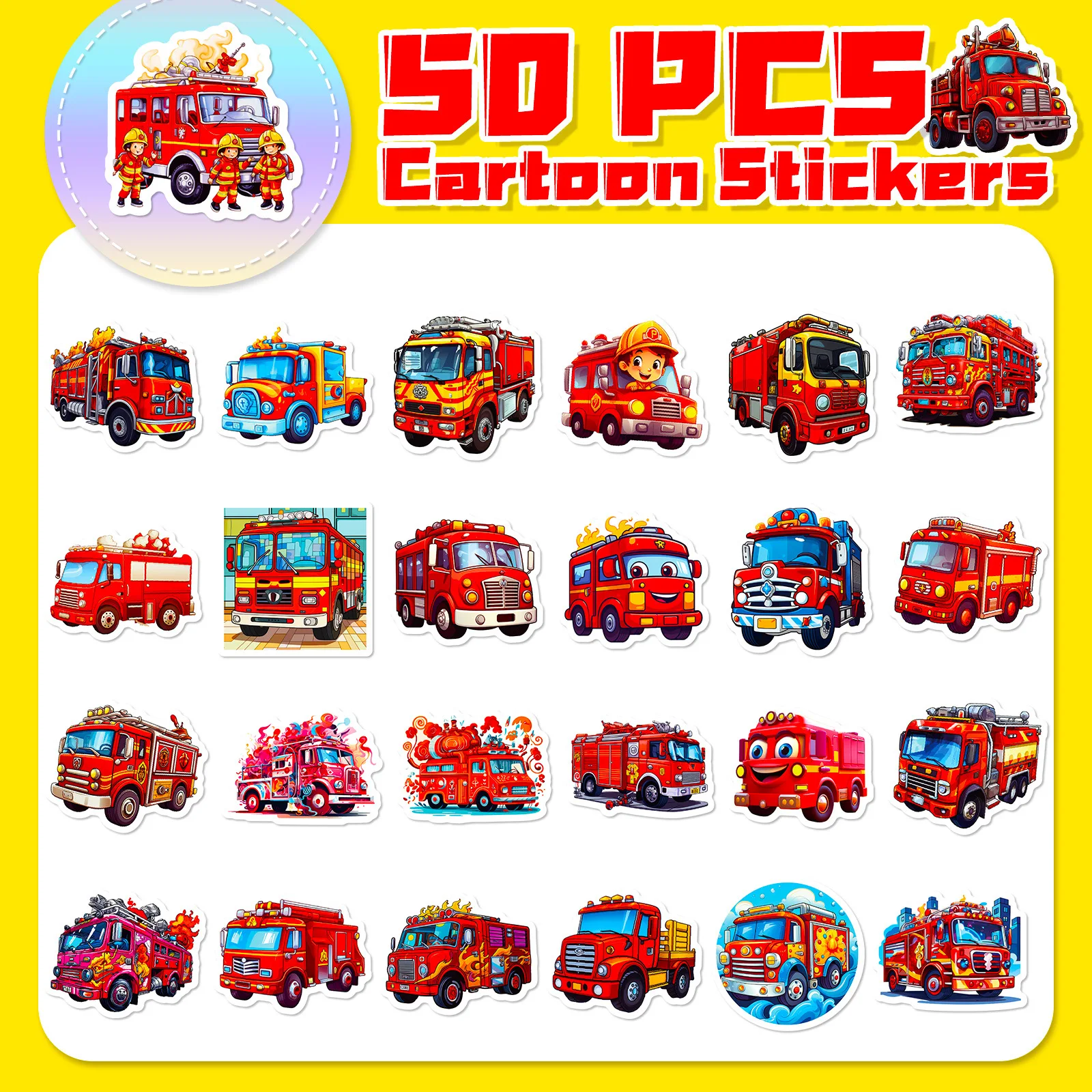 50pcs Children\'s Cartoon Fire Truck Stickers Kindergarten Early Education Skateboard Creative Waterproof Stickers