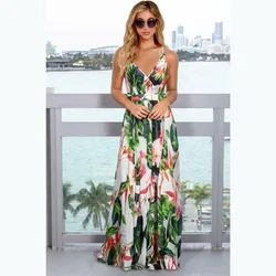 New Spring Summer Women Casual Tropical Boho Floral Printed Evening Party Beach Long Maxi Straps Dresses Sexy Backless Sundress