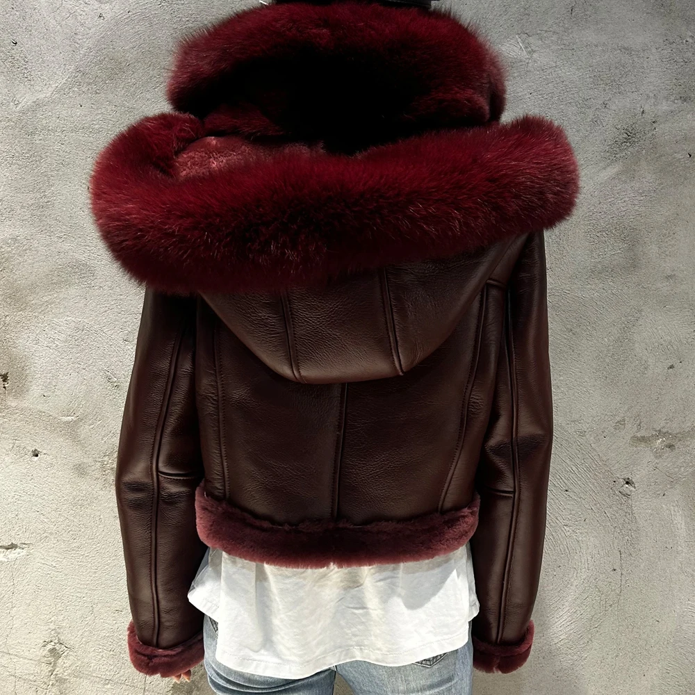 Women Burgundy Hooded Shearling Jacket Winter Big Collar Fur Coat Winter Fashion Hoodie Jackets