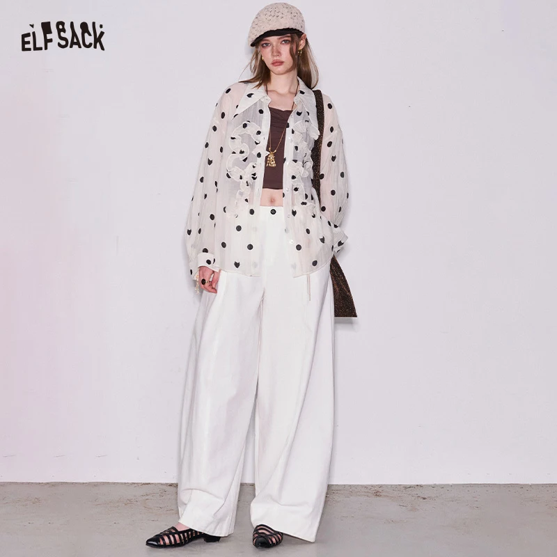 

ELFSACK White Pleated Wide Leg Pants, Beaded Charm High Waist Trousers, Casual Cottagecore Loose Bottom for Women