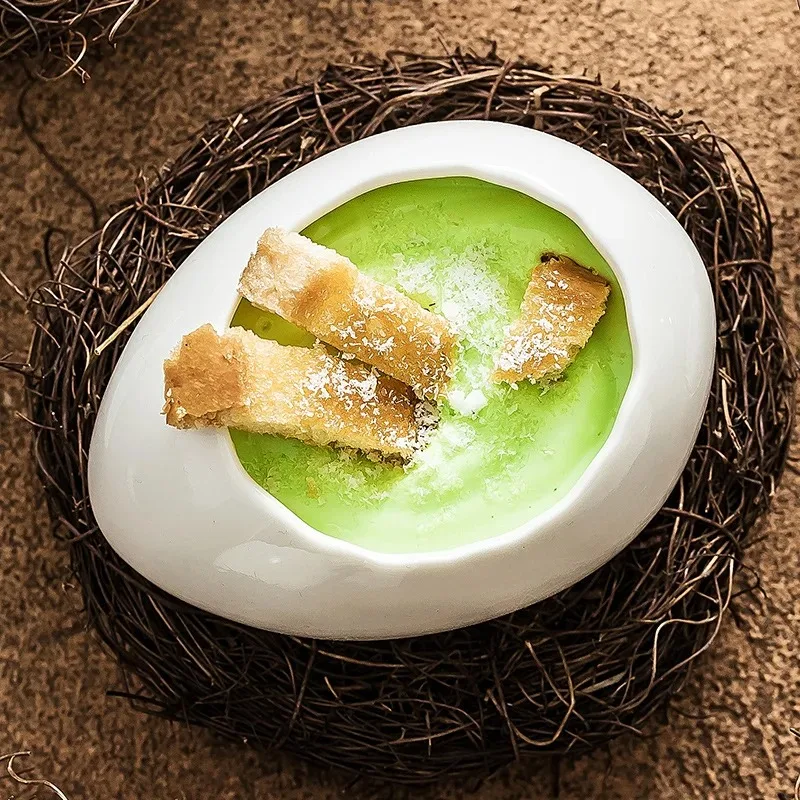 Creative Eggshell Shaped Tableware, Ceramic Bowls, Kitchen Utensils, Baking Pudding Bowls, Bird's Nest Decorated Dessert Bowls