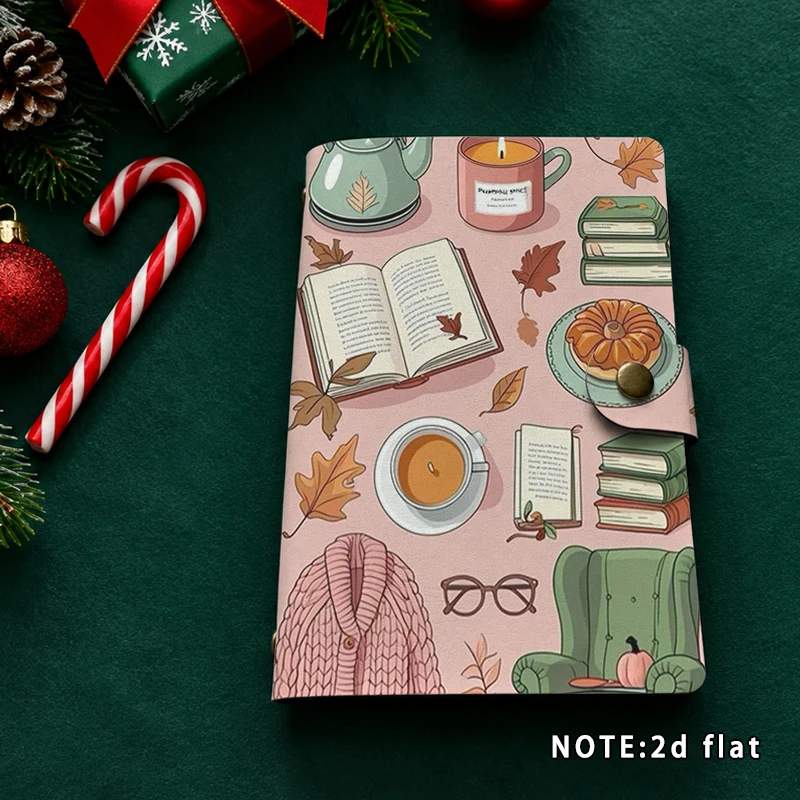 Cozy Autumn Reading Pattern Journal Snap Button Cute Book Coffee Maple Print Travel Diary Office School Writing Stationery Gift