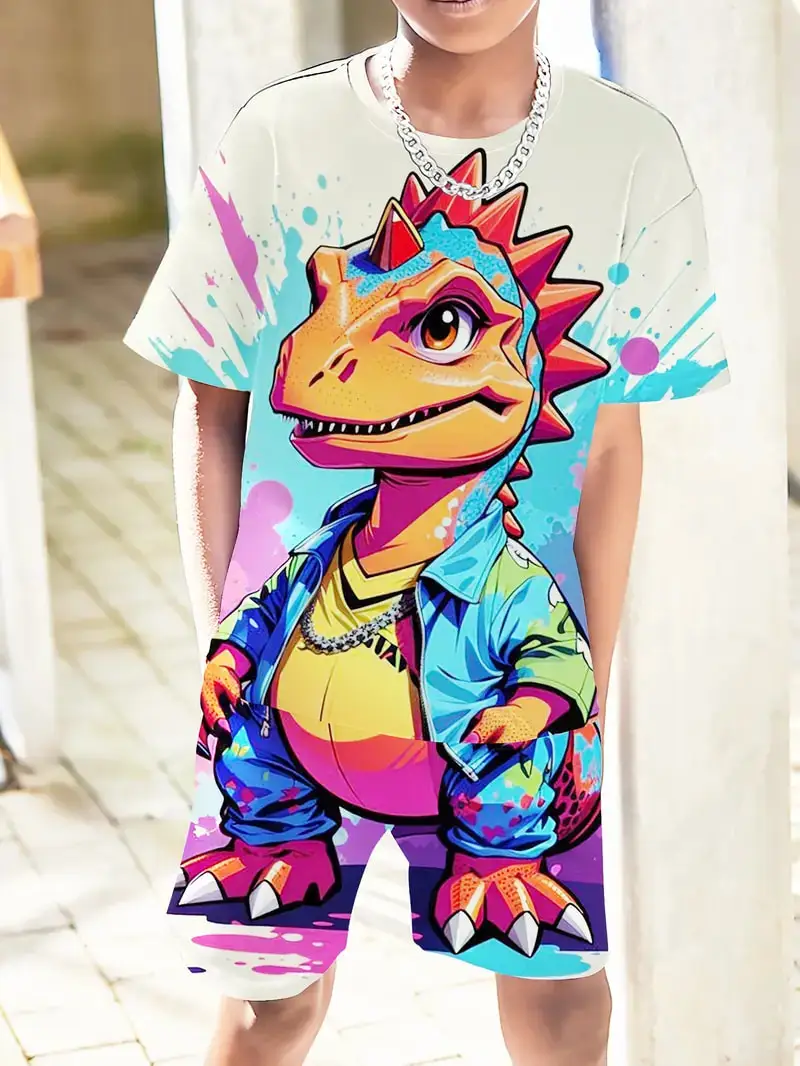 Boys Sports T-shirt Set Fashion 3D Anime Style Dinosaur Print Men's Casual Sport Suit Summer Outdoor T-shirt+Shorts 2PCS Outfits