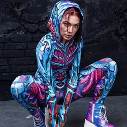 VIP FASHION Halloween Skeleton Costume for Women Purple Blue Fancy Hooded Jumpsuit Front Zipper Horror Zombie Suit Party Clothes