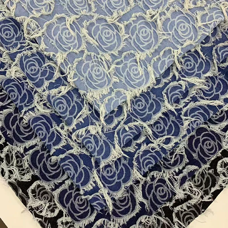 

Washed Denim Fabric Soft Wearable Sewing Material for Dresses Bags Pants Hats Rose Tassel Jacquard Pattern Denim Textile Cloth