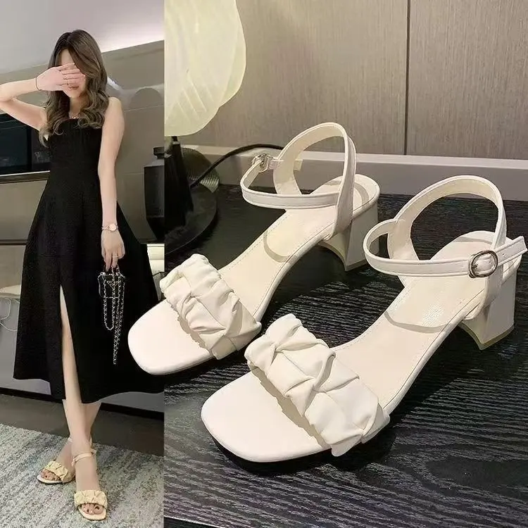 Cloud Block Heel Sandals for Women Square Toe Pleated Ankle Strap Buckle Comfortable Casual Summer Daily Office Shoes
