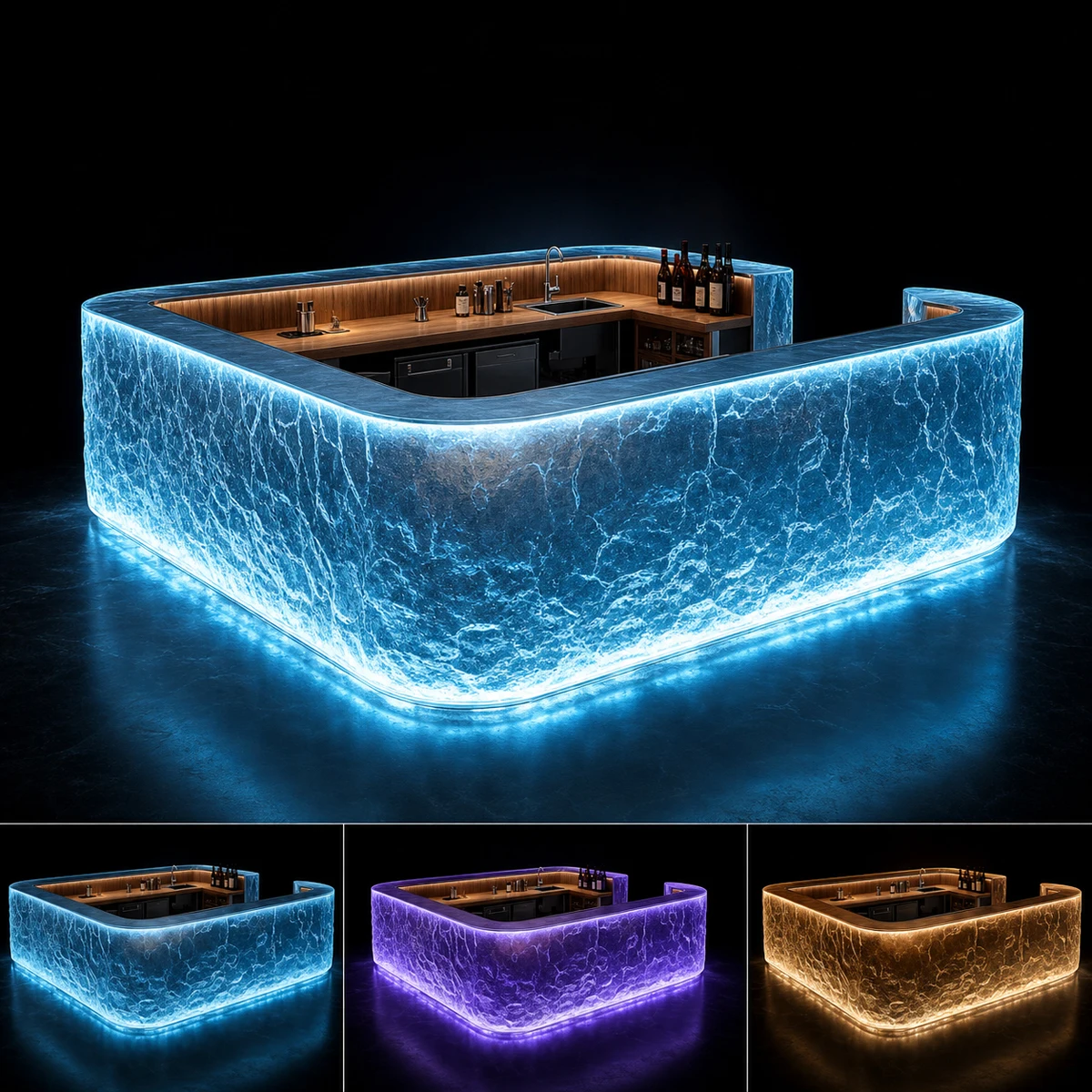 Custom Illuminated LED Translucent Resin Bar Counter Commercial Curved Bubble Texture Modern Nightclub Lounge Countertop
