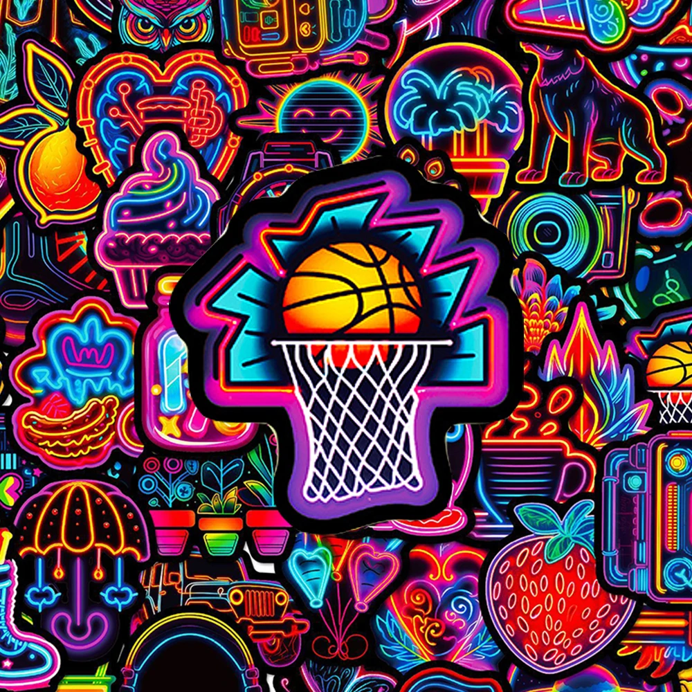 10/30/50pcs Colorful Cartoon Neon Light Stickers Cute Aesthetic Sticker DIY Luggage Laptop Notebook Waterproof Sticker Toy Gift