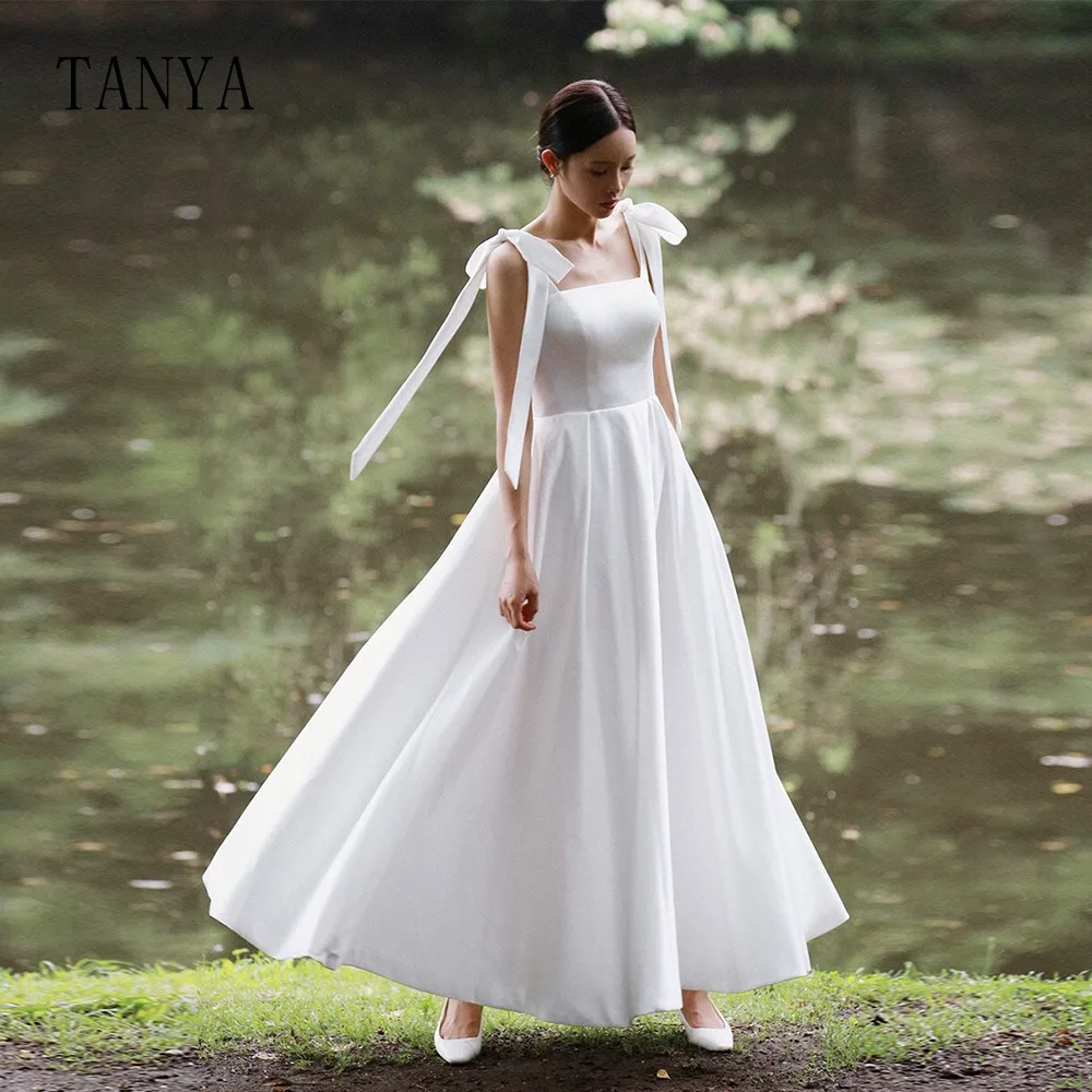 Satin A Line Ankle Length Square Collar Wedding Dresses Sleeveless Lace Up Back Korean Style Bridal Dress Elegant Bridal Gown