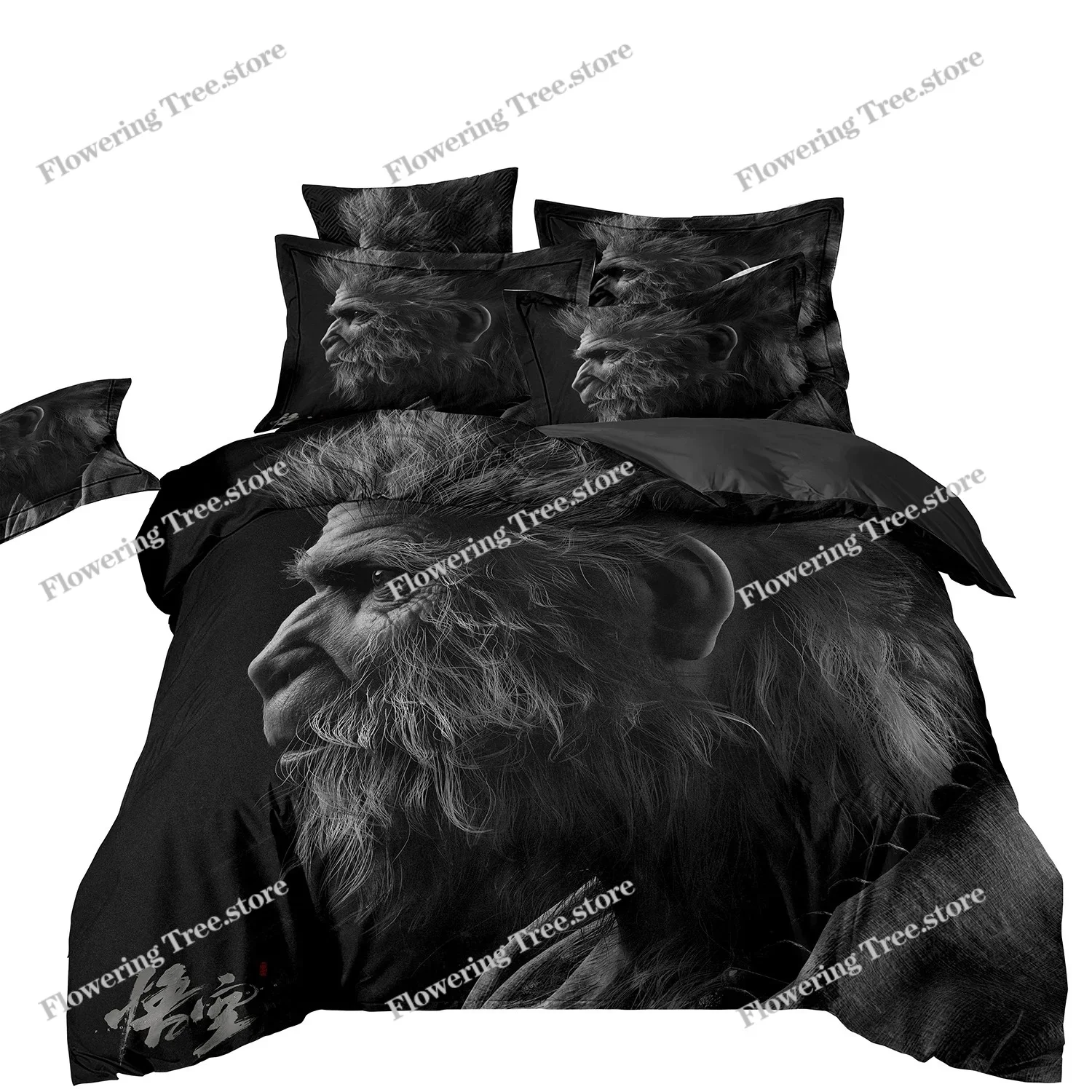 Black Myth Wukong Bedding Set,Game Characters Goku Bedding Set,Black 3D Printing Quilt Cover Pillowcase For children and adults