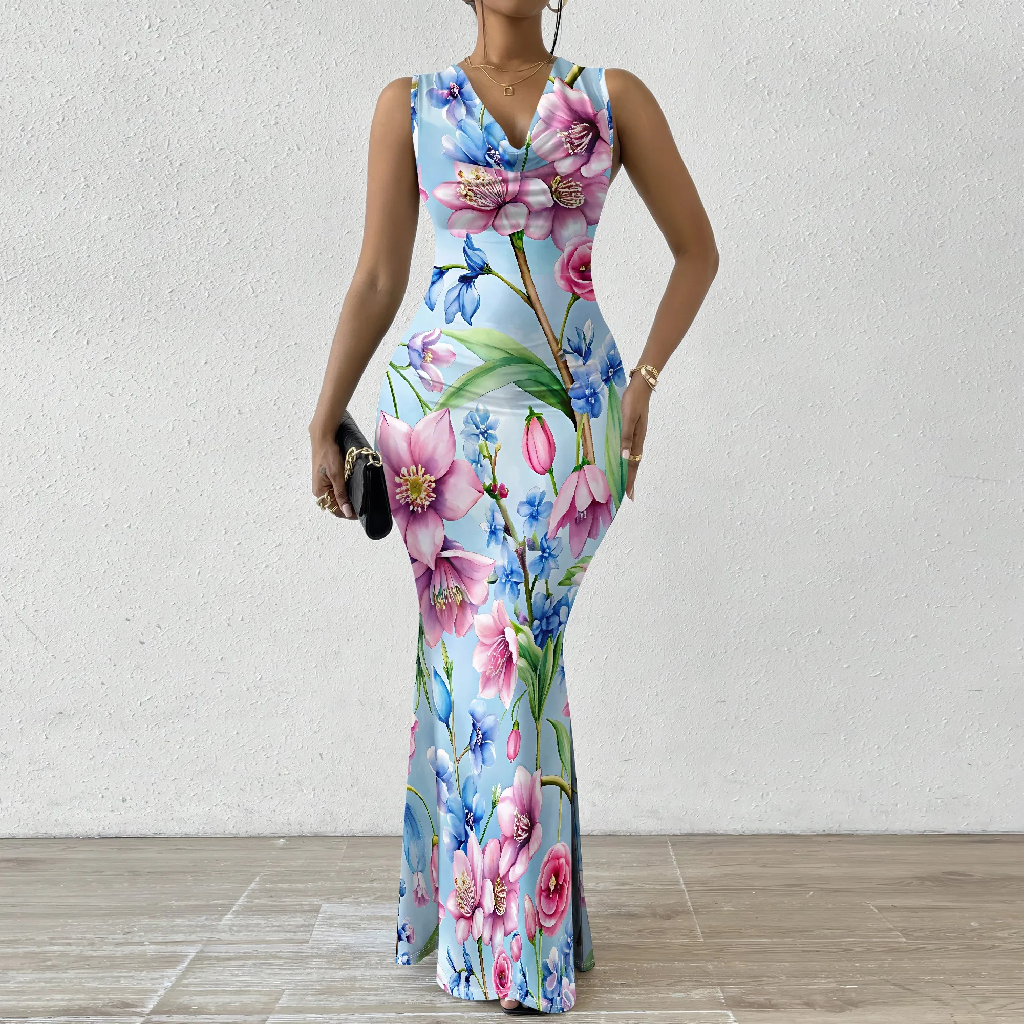 

2025 Summer New Women's V-Neck Sleeveless Maxi Dress Floral Print Bodycon Mermaid Dress Elegant Party Cocktail Dress XS-2XL