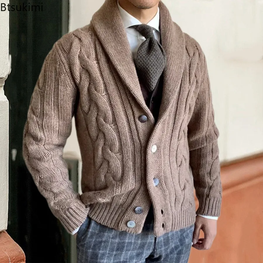 

Autumn Winter New Men's Knitted Sweaters Lapel Long Sleeve Button-up Cardigans Business Casual Solid Color Vintage Sweater Coats
