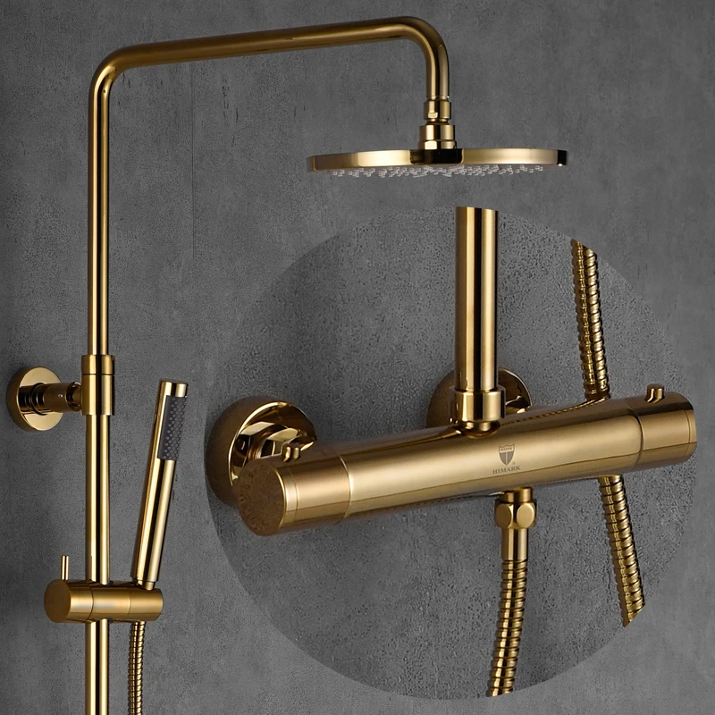 

HIMARK Cupc Round Shower Head Luxury Bathroom Thermostatic Taps Exposed Brushed Gold Rainfall Shower Mixer Set