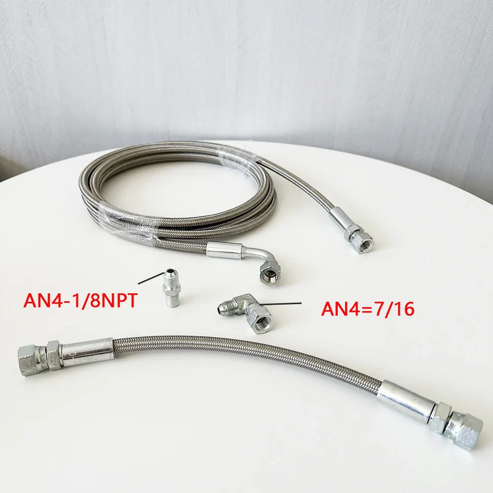 30~500CM 1/8 NPT Turbo Oil Feed Line AN4 Oil Return Line Kit Feed Line Stainless Steel Braided 0-90 Degree End Straight Hose