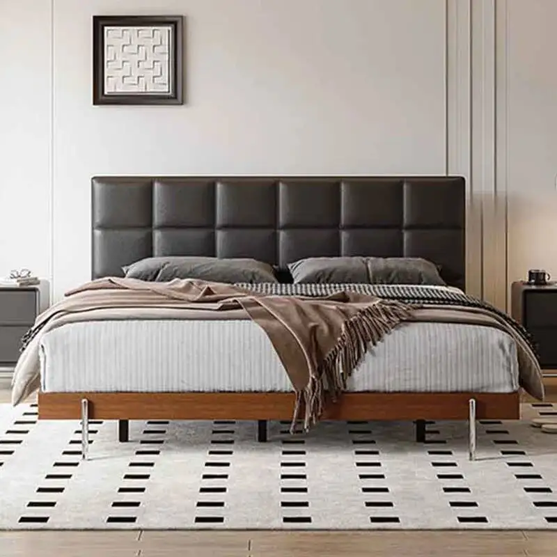 Luxury Bedroom Leather Headboard Solid Wood Bed Frame Sturdy Steel Leg Bed Bases Modern Home Hotel Guest Room Mattress Pallet