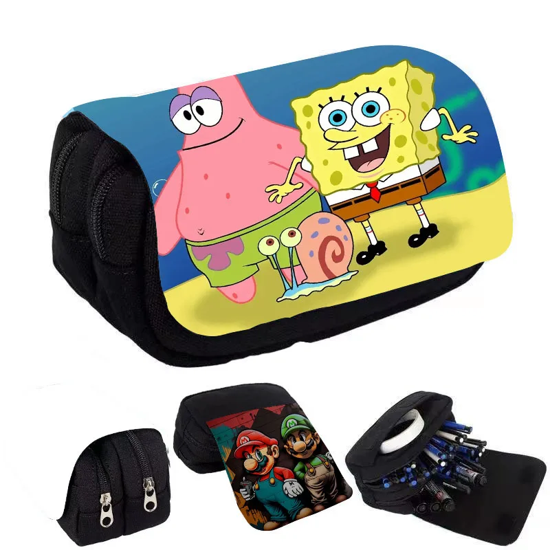 SpongeBob SquarePants Student Flip Pencil Case Movie Anime Cartoon Full Color Printed Portable Pen Stationery Storage Pencil Bag