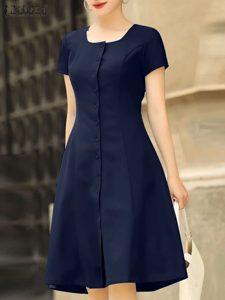 

ZANZEA Elegant Party Dress Women Summer Solid Color Short Sleeve Buttons Knee-length Sundress 2025 Fashion Casual Loose Vestidos
