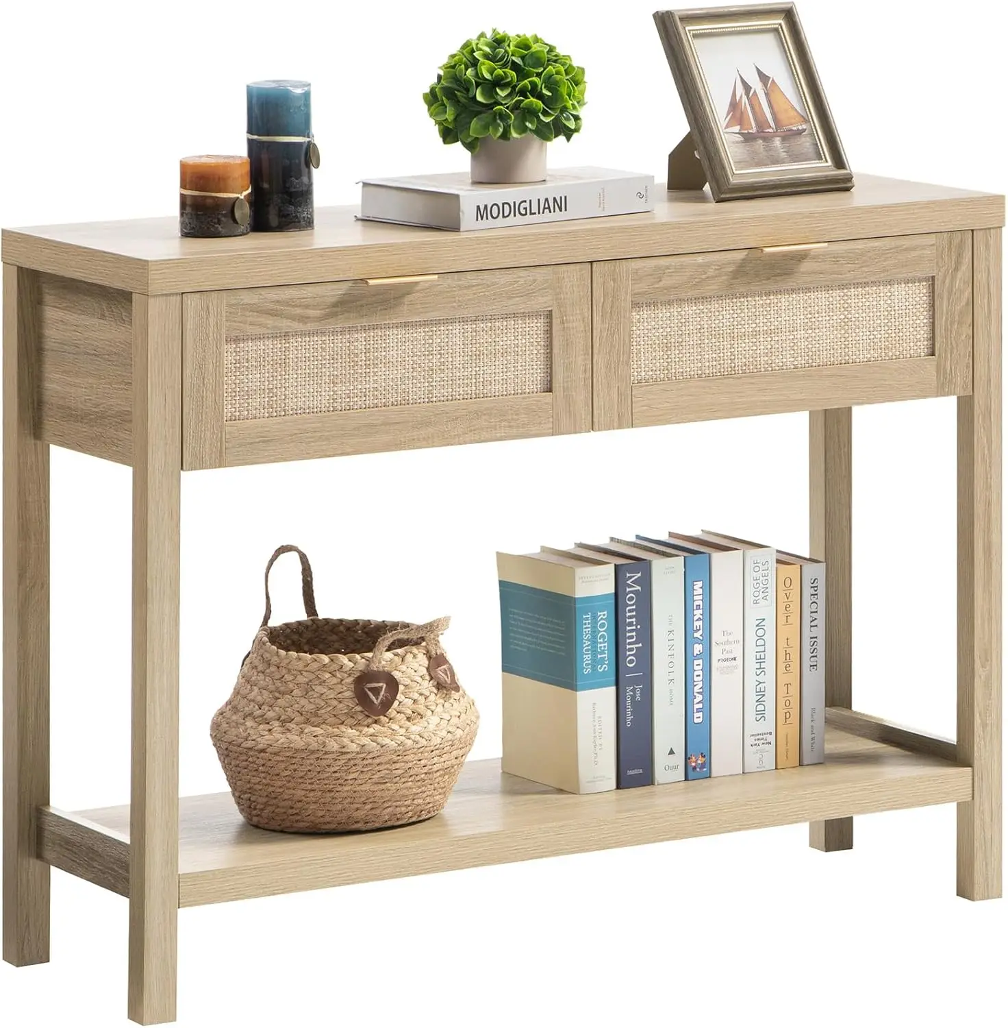 Rattan Console Table for Entryway - Boho Entryway Table with Storage and Drawers, Wood Small Entry Table for Hallway Behind Couc