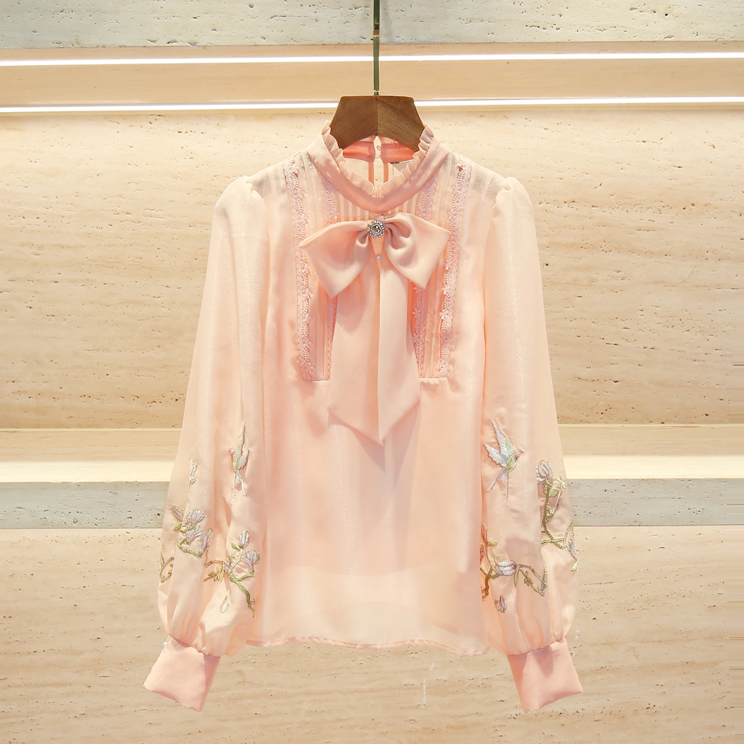 

Ele Chinese Sle Embroidered Knot Spring irt Women's Top Silk Chiffon Loose Fit Long Sve Stand Collar